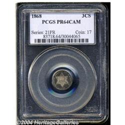 1868 3CS PR64 Cameo PCGS. Apple-green and