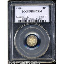 1868 3CS PR65 Cameo PCGS. An even film of