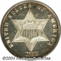 1869 3CS PR66 Cameo PCGS. Mostly brilliant
