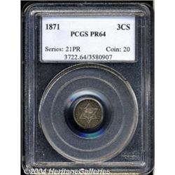 1871 3CS PR64 PCGS. A colorfully toned and