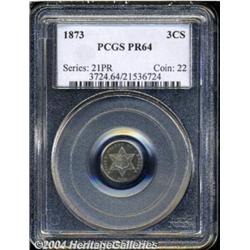 1873 3CS PR64 PCGS. Lustrous blue-gold