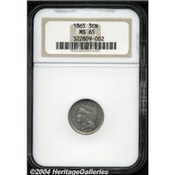 1865 3CN MS65 NGC. Glowing frosty luster beams