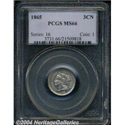 1865 3CN MS66 PCGS. This super Gem exhibits