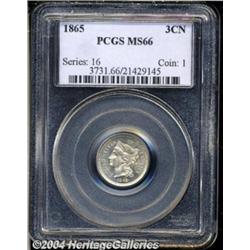 1865 3CN MS66 PCGS. Bountiful luster and mint