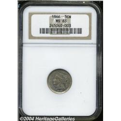 1866 3CN MS65 NGC. Light golden-gray patina,