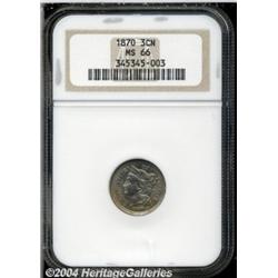 1870 3CN MS66 NGC. Gold-gray toning over fully