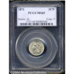 1871 3CN MS65 PCGS. A bright, satiny,