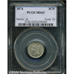 1874 3CN MS65 PCGS. Razor-sharp details with