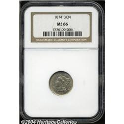 1874 3CN MS66 NGC. Well struck with fine