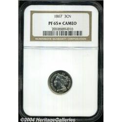 1867 3CN PR65 S Cameo NGC. This Gem cameo
