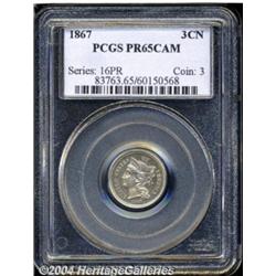 1867 3CN PR65 Cameo PCGS. Frosty in texture,