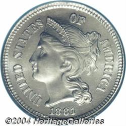 1881 3CN PR67 Cameo PCGS. A beautifully
