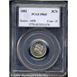 1882 3CN PR65 PCGS. Sky-blue and apricot