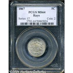 1867 5C Rays MS64 PCGS. Fully lustrous and