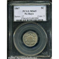 1867 5C No Rays MS65 PCGS. Golden-brown color