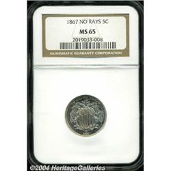 1867 5C No Rays MS65 NGC. Lustrous and bright
