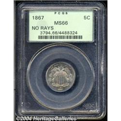 1867 5C No Rays MS66 PCGS. Well struck with
