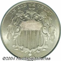 1872 5C MS66 PCGS. Satiny overall with a