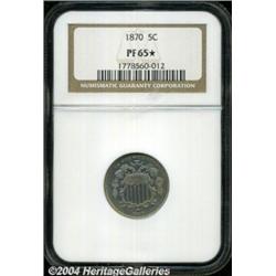 1870 5C PR65 S NGC. Lovely peach, rose,