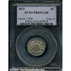 1872 5C PR65 Cameo PCGS. A thin layer of