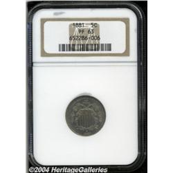 1881 5C PR63 NGC. Well-struck, light gray,