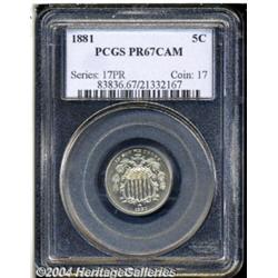 1881 5C PR67 Cameo PCGS. Brilliant and deeply