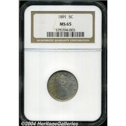 1891 5C MS65 NGC. Boldly struck with fine