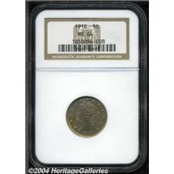 1910 5C MS64 NGC. A light yellow-orange-gold