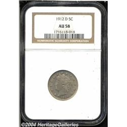 1912-D 5C AU58 NGC. A subdued golden-steel