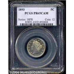1893 5C PR65 Cameo PCGS. Delicate light gold
