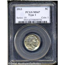 1913 5C Type One MS67 PCGS. Satiny and lightly