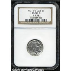 1937-D 5C Three-Legged AU55 NGC. FS-020.2.