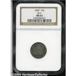 1825 10C MS62 NGC. JR-2, R.2. Golden-brown,