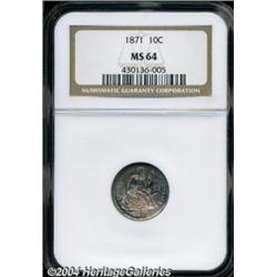 1871 10C MS64 NGC. A lovely blend of lilac and