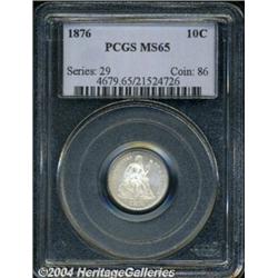 1876 10C MS65 PCGS. White, satiny luster