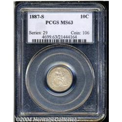 1887-S 10C MS63 PCGS. Satiny luster shows
