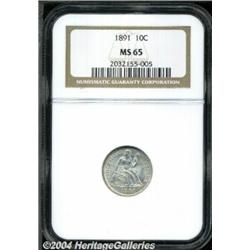 1891 10C MS65 NGC. A bright, satiny-white