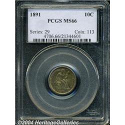 1891 10C MS66 PCGS. Liberally frosted, the