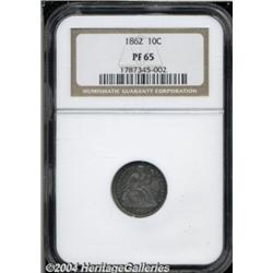 1862 10C PR65 NGC. Irregular blue and gray