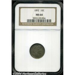 1892 10C MS64 NGC. Deeply toned and well
