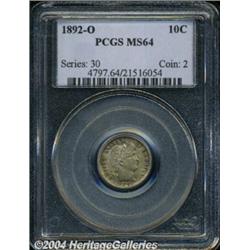 1892-O 10C MS64 PCGS. Lovely gold toning, with
