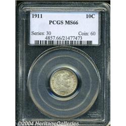 1911 10C MS66 PCGS. Specks of gold and lilac
