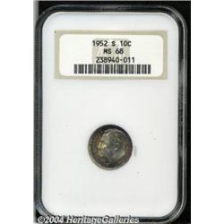 1952-S 10C MS68 NGC. Speckled rose-violet and