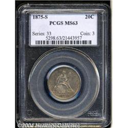 1875-S 20C MS63 PCGS. Lustrous surfaces that