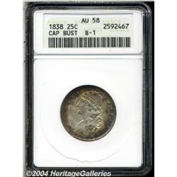 1838 25C AU58 ANACS. B-1, R.1. Golden-brown