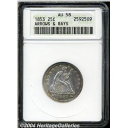 1853 25C Arrows and Rays AU58 ANACS. Moderate,