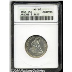 1853 25C Arrows and Rays MS60 ANACS. Freckles