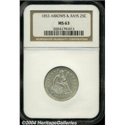 1853 25C Arrows and Rays MS63 NGC. Lustrous
