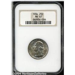 1934 25C MS67 NGC. Medium Motto. Freckles of