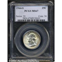 1944-S 25C MS67 PCGS. Knob S mintmark. Wisps